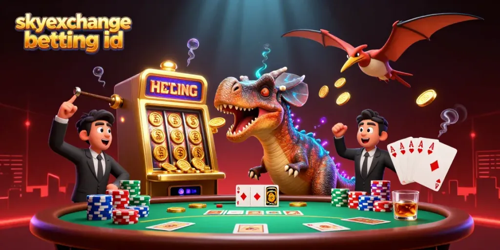 Illustration of skyexchange betting id showcasing a dinosaur and casino elements against a vibrant backdrop.