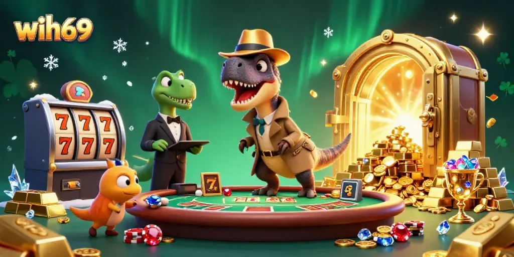 Slot menggunakan wih69 dengan kartunis velociraptor mencuri chips di kasino yang megah.