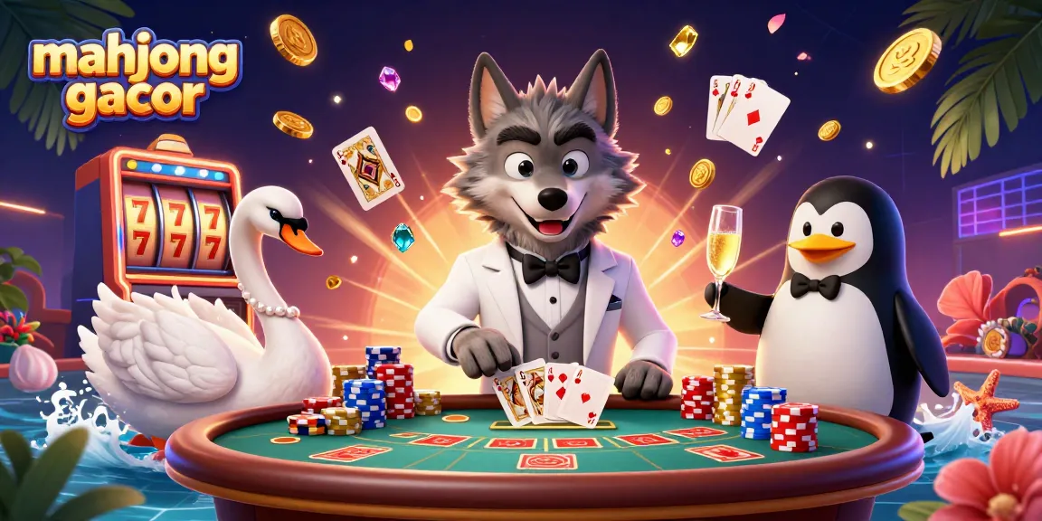 Engage with mahjong gacor action, featuring a debonair wolf and elegant companions in a vibrant slot scene.
