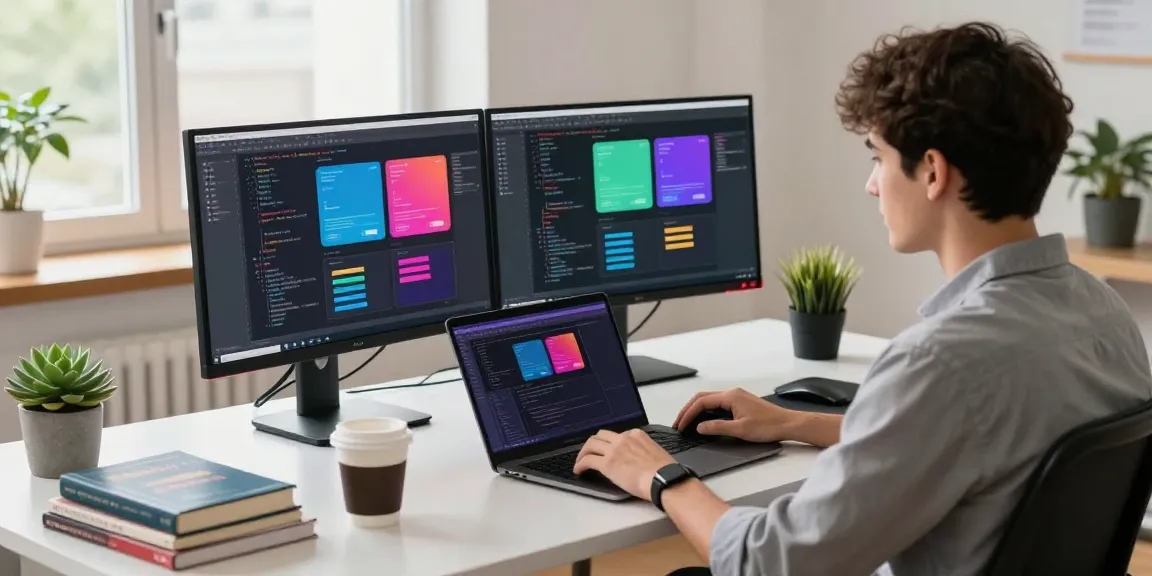 Developer coding GB WhatsApp on dual monitors in a modern tech workspace