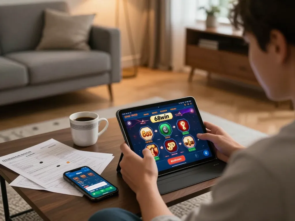 Engaged player using 68win tablet in a cozy home setup for online gambling.