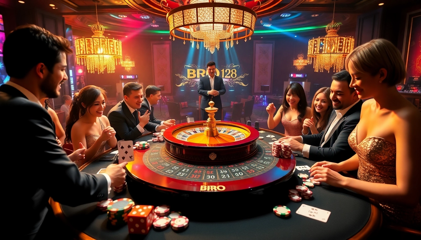 Experience the thrill of gaming at BRO138 with excited players and vibrant casino elements.