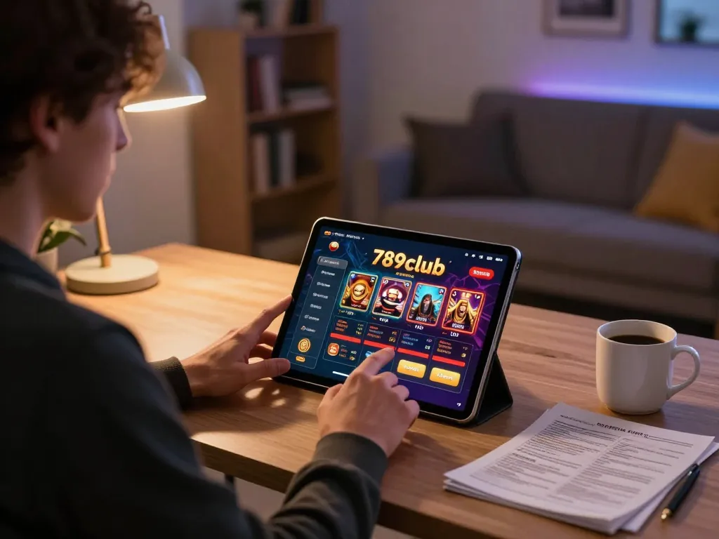 Engaging gameplay on 789club tablet app in a cozy home setting, showing excitement and strategy.
