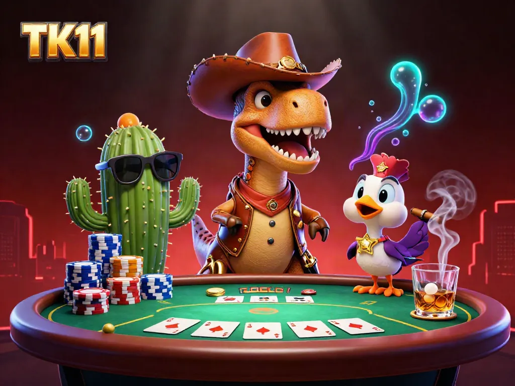 Engage in thrilling TK11 casino action with a dinosaur cowboy, cactus sidekick, and roadrunner winning poker.