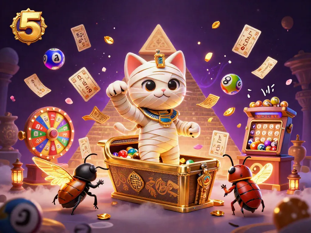 Engage with keo nha cai 5 in a vibrant Egyptian-themed casino illustration, showcasing thrilling lottery dynamics.