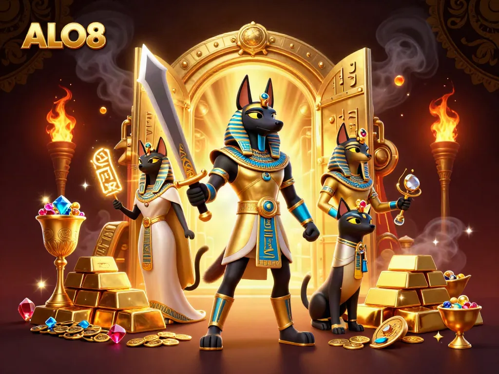 Experience fortune with ALO8 characters in an immersive 3D casino scene featuring rich treasures.