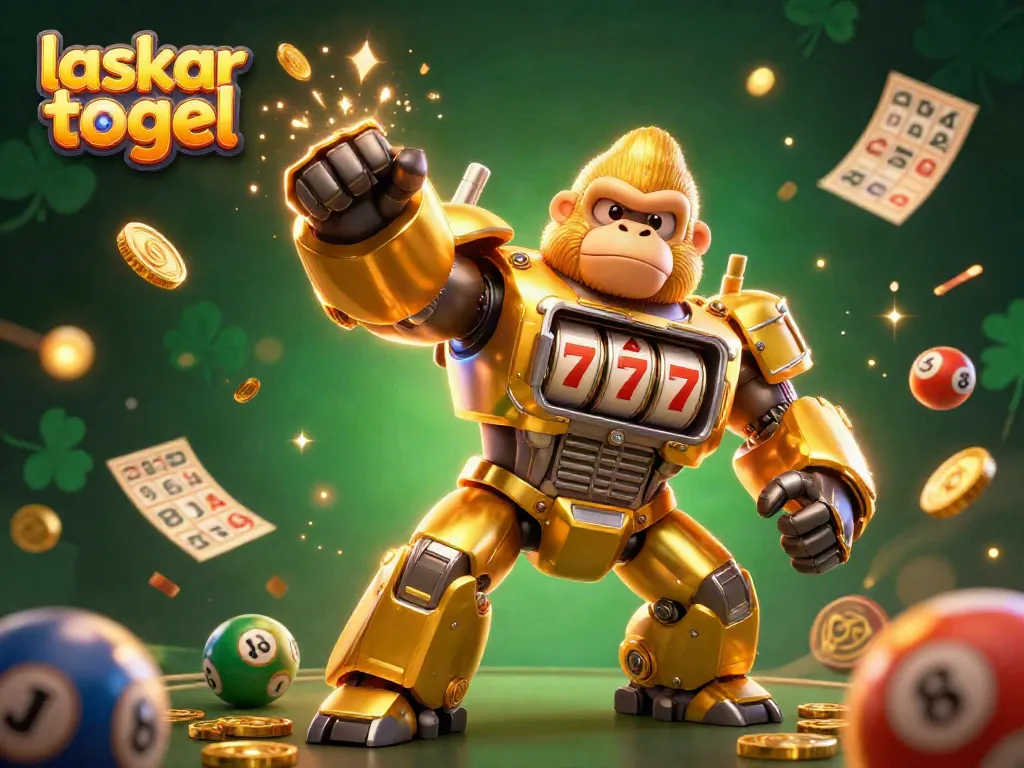Experience the thrill of laskar togel with a dynamic golden gorilla mech surrounded by lottery elements.