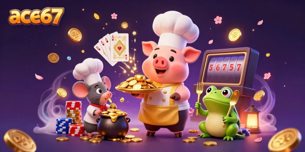 Join the fun with ace67 as a chef pig serves gold coins amidst vibrant casino elements.