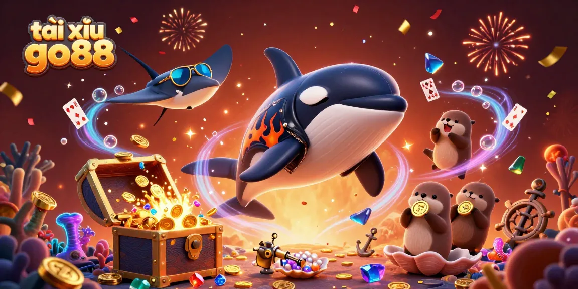 Tài xỉu go88 showcases thrilling underwater adventures with a dynamic scene featuring charming ocean characters.