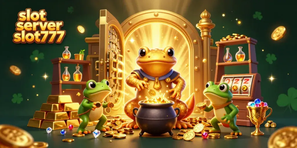 Permainan slot server slot777 yang melibatkan alkemis dan karakter lucu dalam pemandangan kasino yang kaya.
