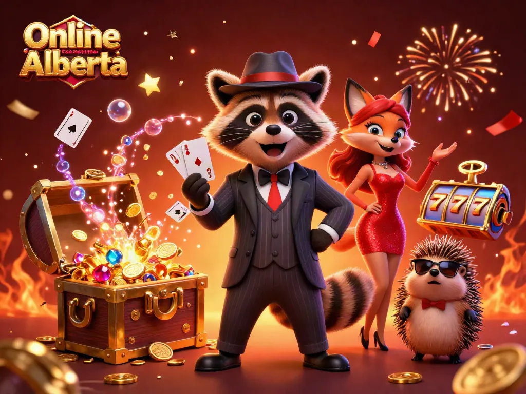 Engage with Online Casino Alberta's vibrant games and thrills in this 3D illustration featuring a raccoon holding a royal flush.
