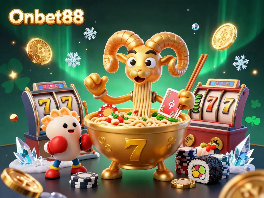 Experience the excitement of Onbet88 with an animated illustration of a golden ramen bowl and casino elements.