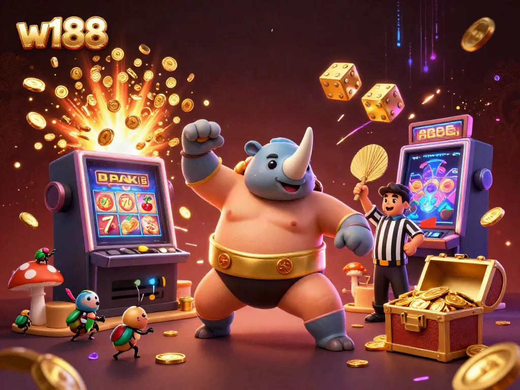 Experience the excitement of w188 with a 3D beetle sumo champion amidst a jackpot explosion, lively gaming elements.