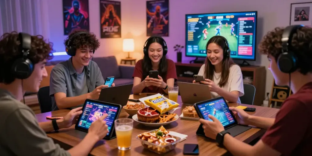Players enjoying the 3 Patti No1 app on their smartphones in a lively home gaming environment.