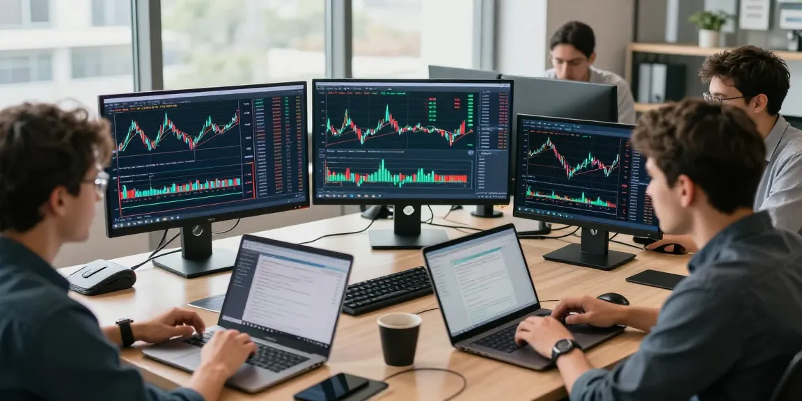 Обсуждение отзывов BitMEX среди трейдеров с графиками криптовалют в офисе