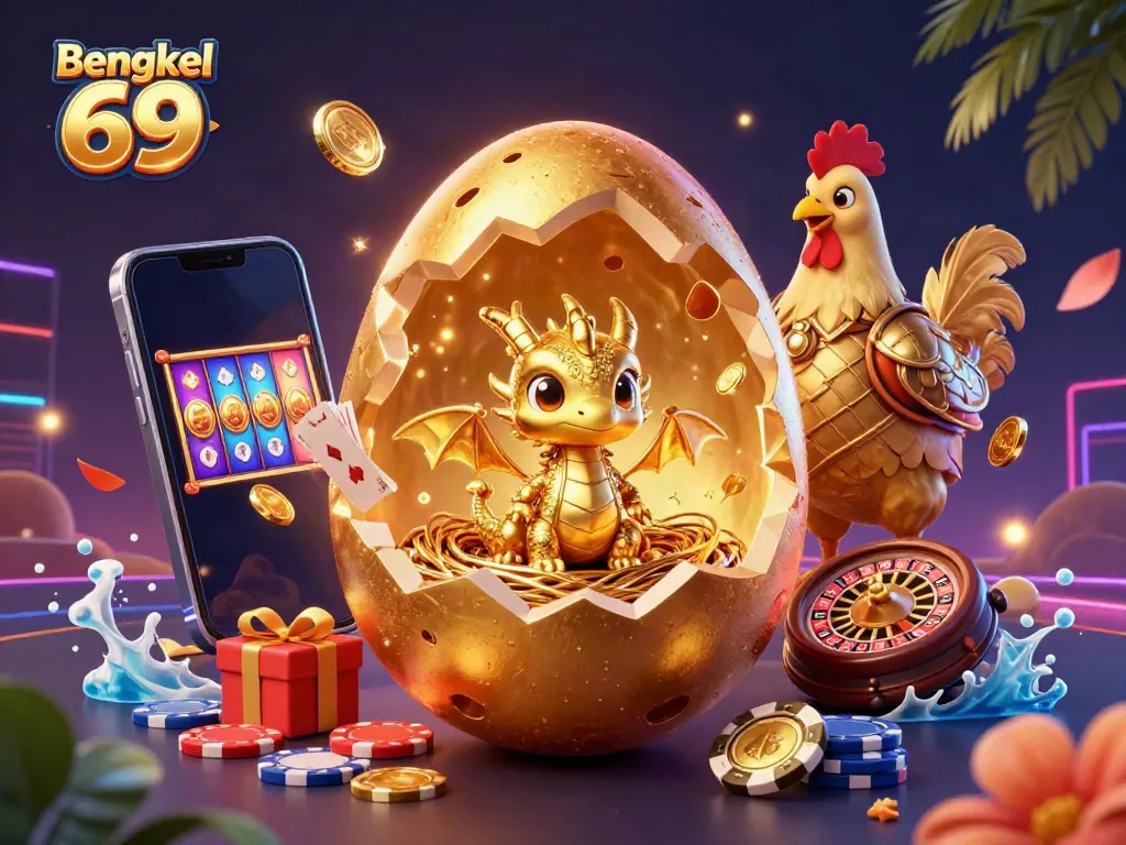 Engage in thrilling gaming adventures at Bengkel 69 featuring golden creatures, chips, and vibrant slot games.