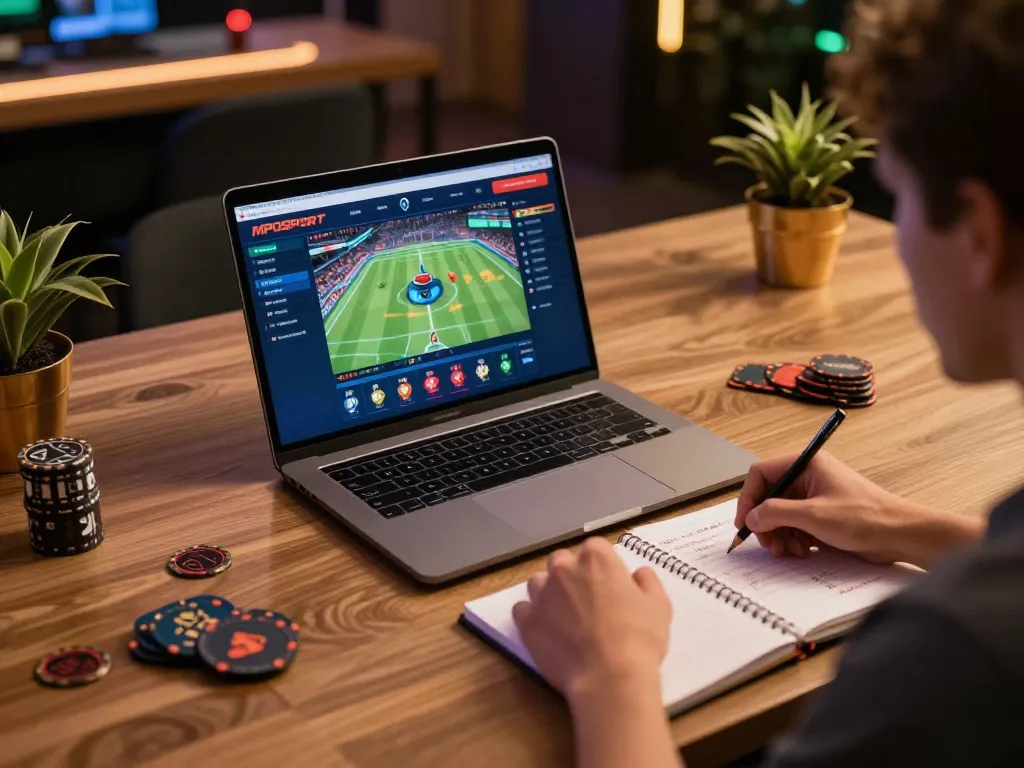 Engaging in MPOSPORT login during online gaming session with strategic betting notes.