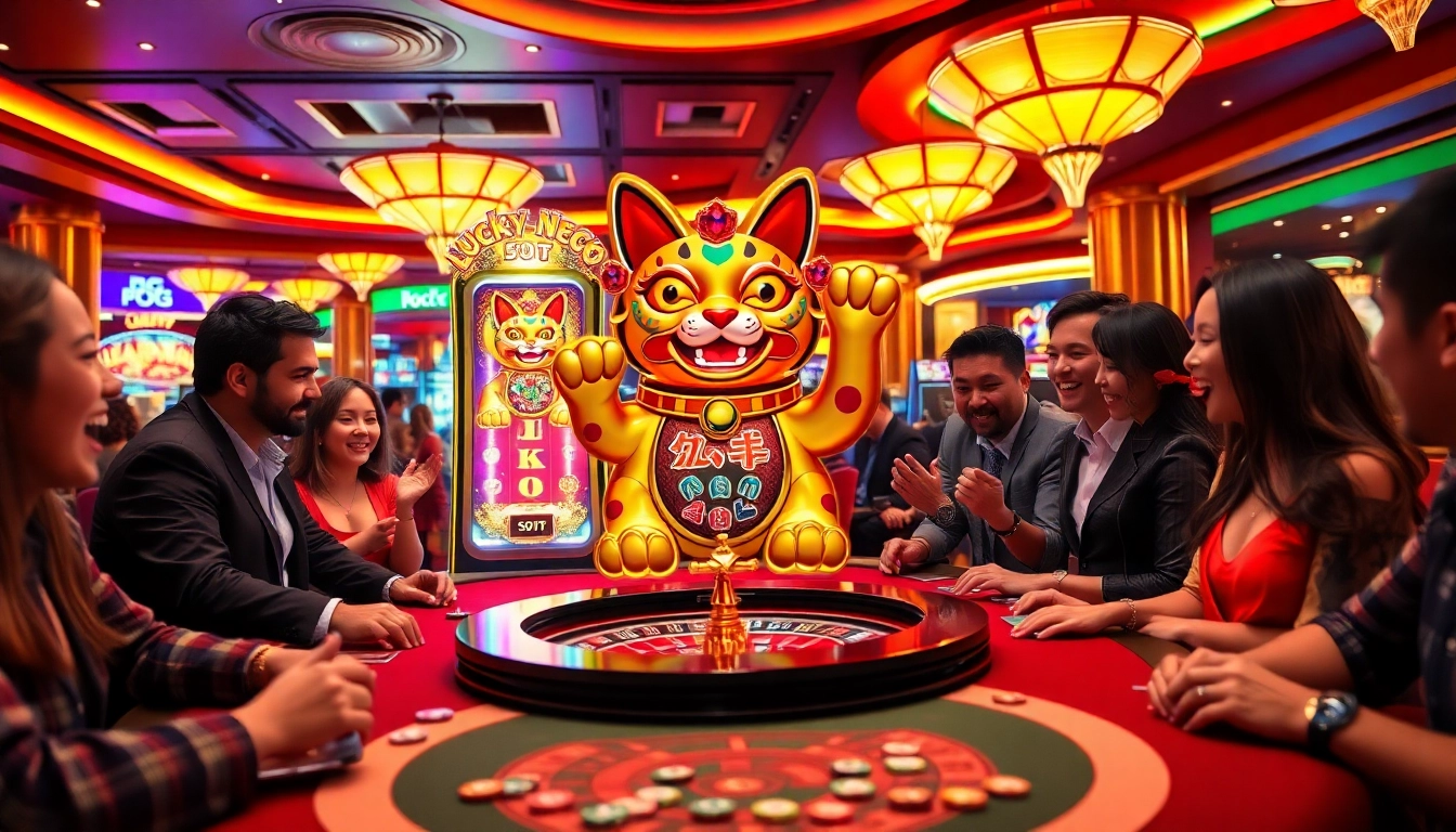 Play Lucky Neko PG Soft ได้เงินทุกวัน at a vibrant casino with excited players enjoying big wins.