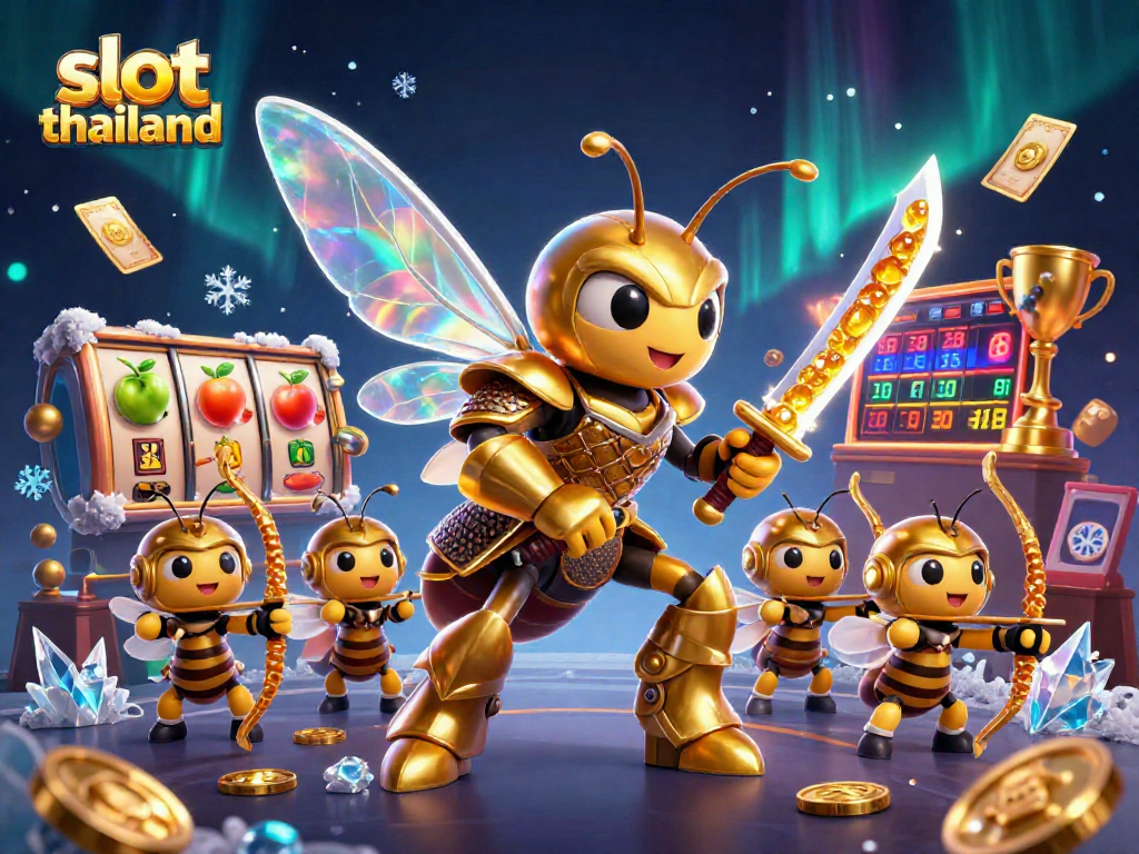 Engage with slot thailand in this vibrant casino scene featuring golden hornet warriors and dynamic gaming elements.