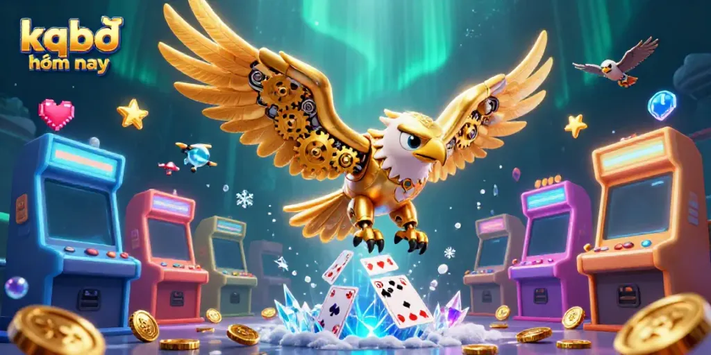 Experience the thrill of kqbđ hôm nay with a dynamic 3D golden eagle diving through vibrant gaming elements.