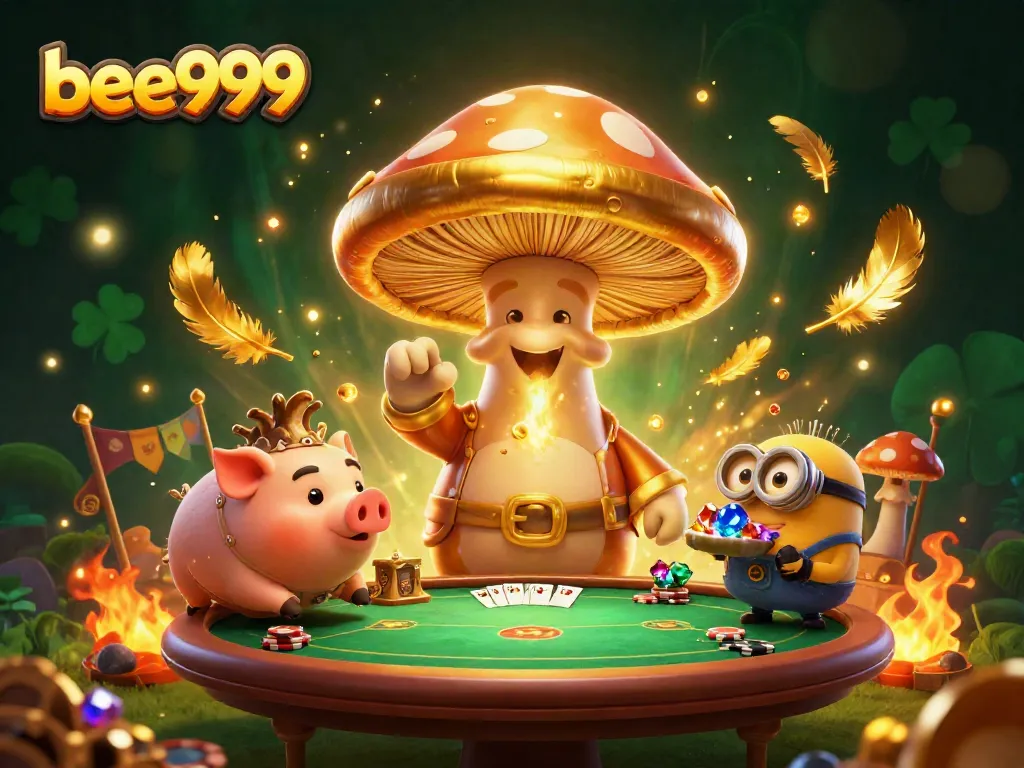Engage with bee999's vibrant online casino experience featuring a golden mushroom wizard and poker action.