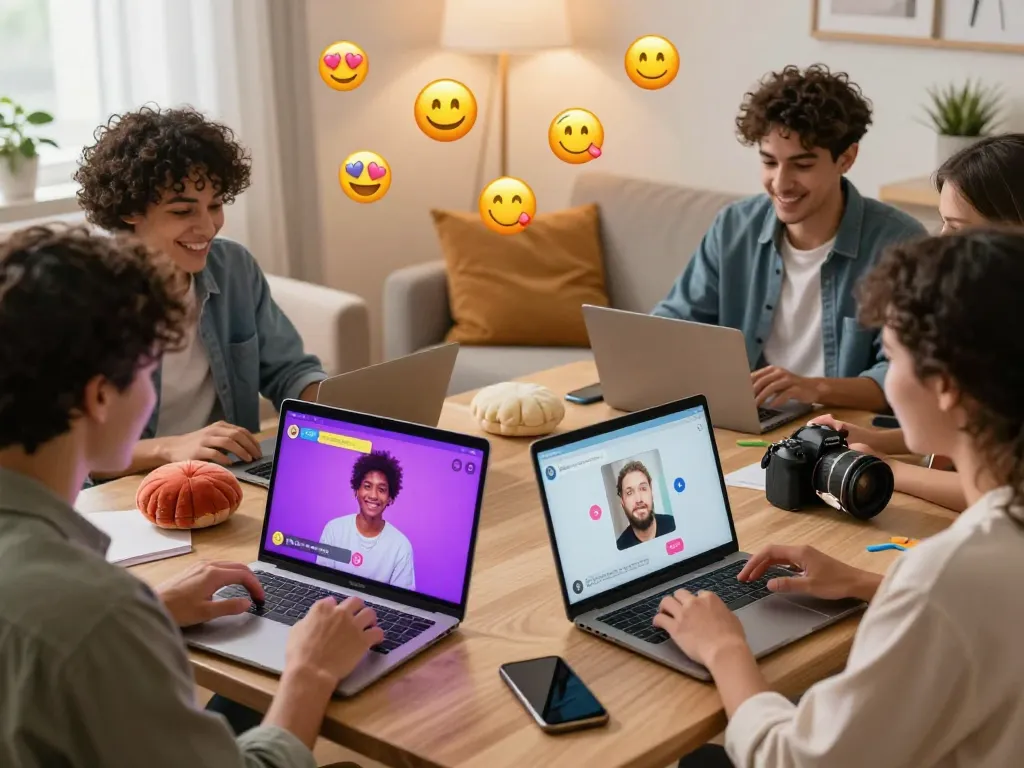 Diverse users enjoying NSFW chat on devices in a cozy home setting.