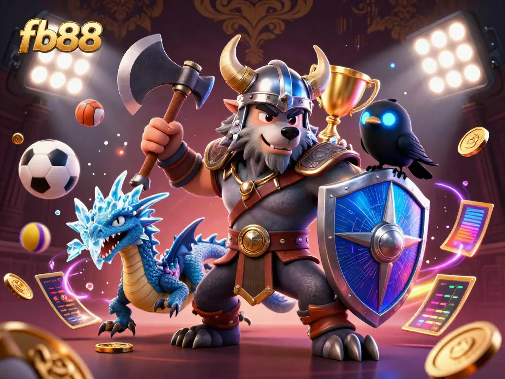 Engage with fb88's thrilling gaming experience featuring a Viking wolf, fierce dragon, and sports elements.