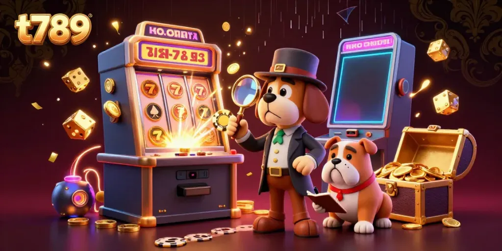 Experience the thrill of t789 with our cartoon detective uncovering treasures in a vibrant casino scene!