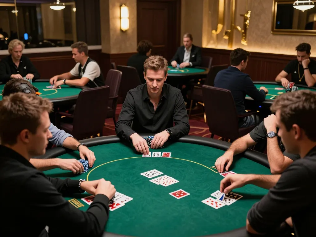 Nagapoker players engaged in a thrilling tournament at a luxurious poker room, showcasing focused gameplay.