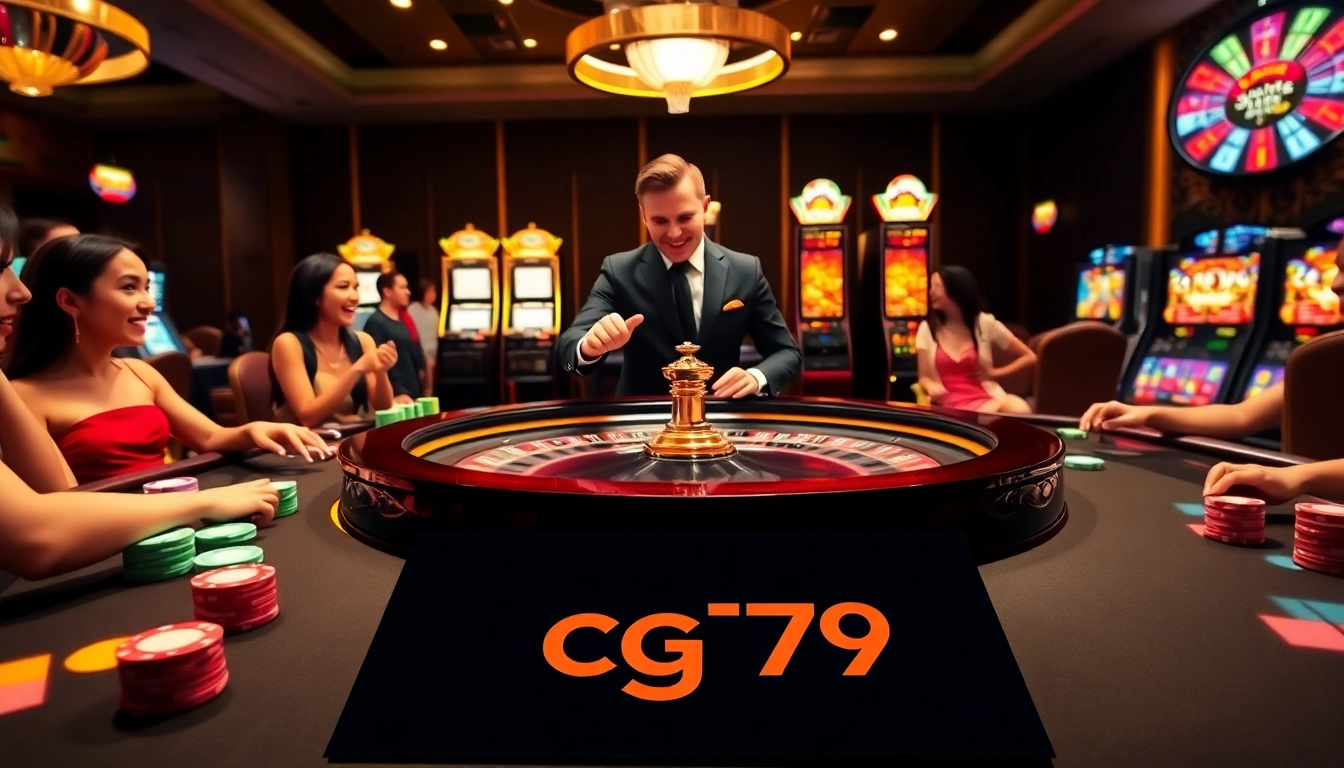 Người chơi tham gia cược tại một casino CG79 đầy sống động, nổi bật với bàn roulette và máy đánh bạc.