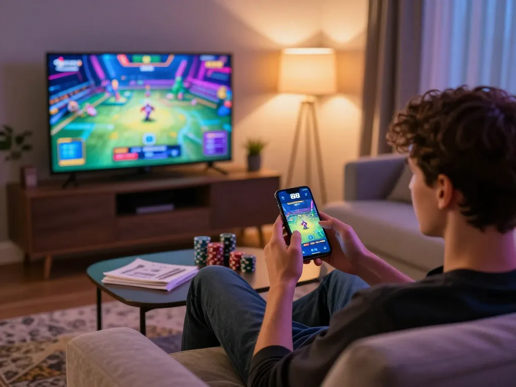 tv88 user engaging with mobile casino app on a stylish couch, emphasizing online gaming strategy