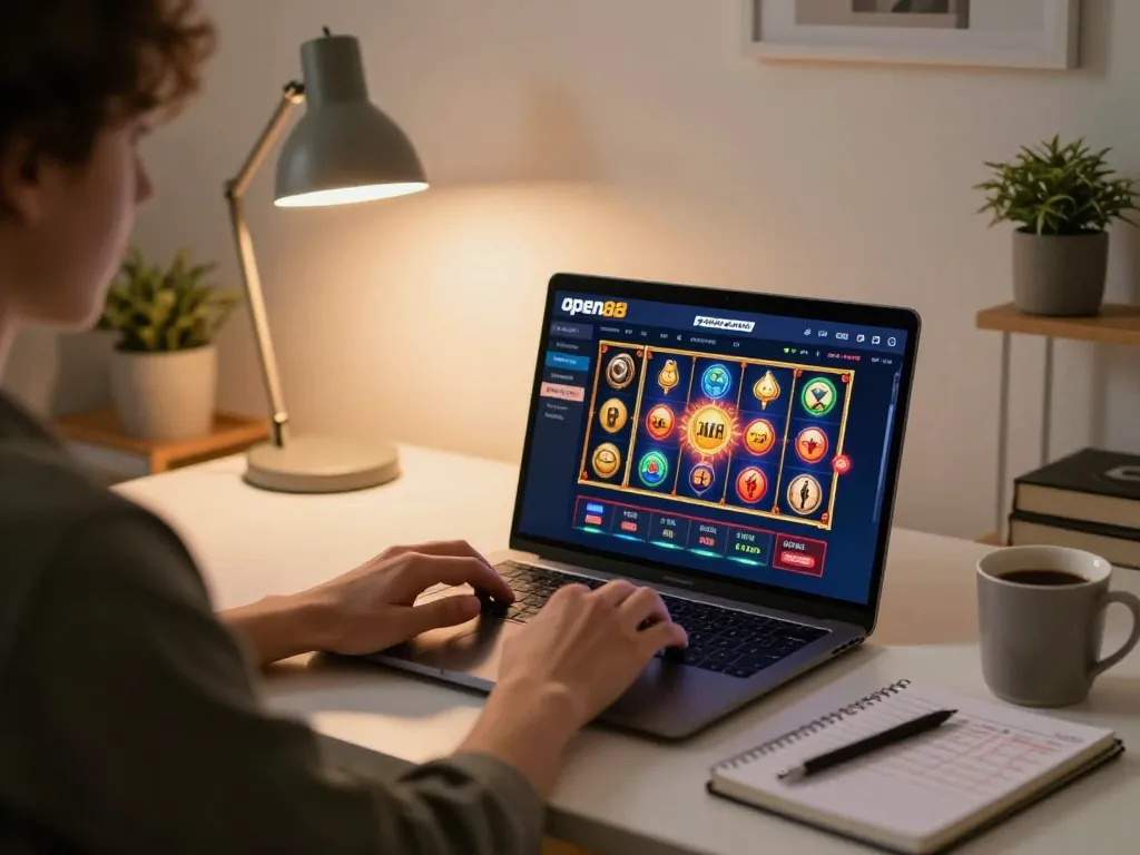 Engaging with open88 casino games from home using a laptop, showcasing vibrant slot visuals.