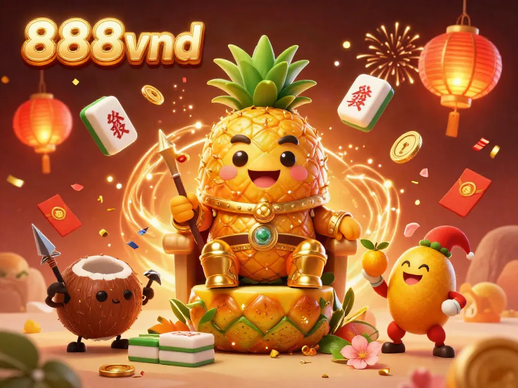 Experience the vibrant 888vnd casino scene with the golden pineapple king and dynamic game elements at a beach-themed celebration.
