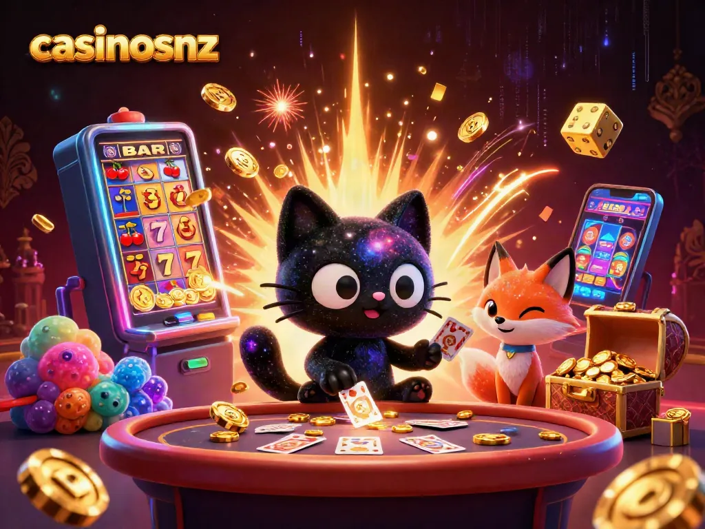Experience the cosmic charm of casinosnz with a whimsical illustration of a black hole cat at a casino table.