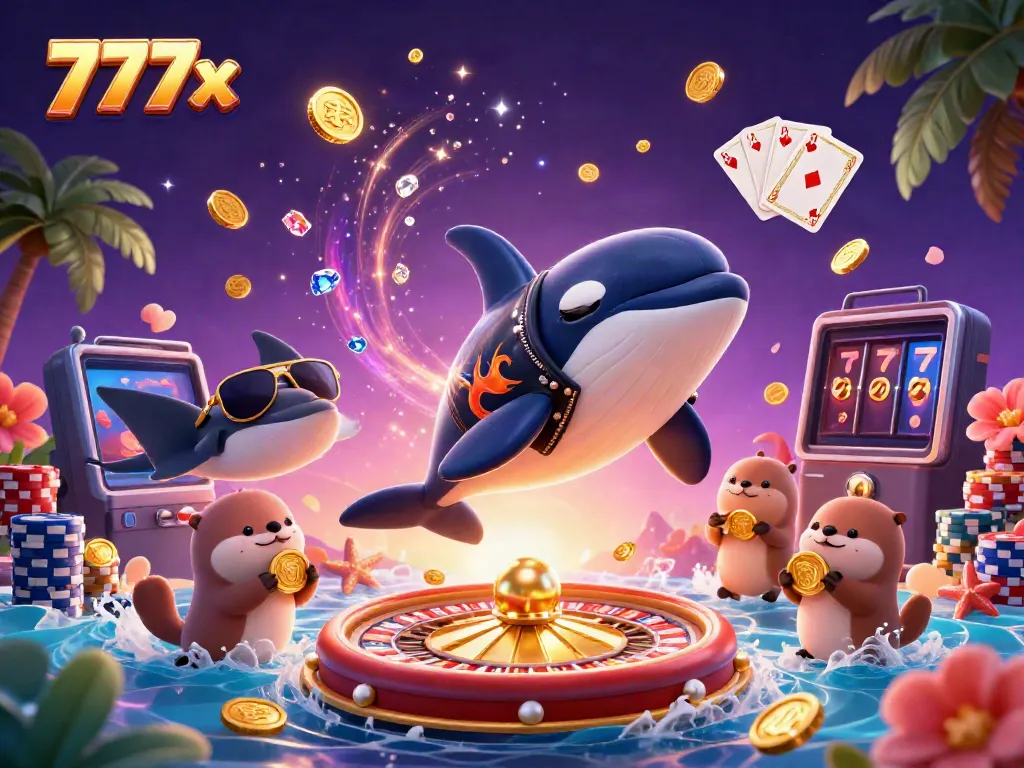 Join the action at 777x with a lively orca whale, stingray, and otters surrounded by casino elements.