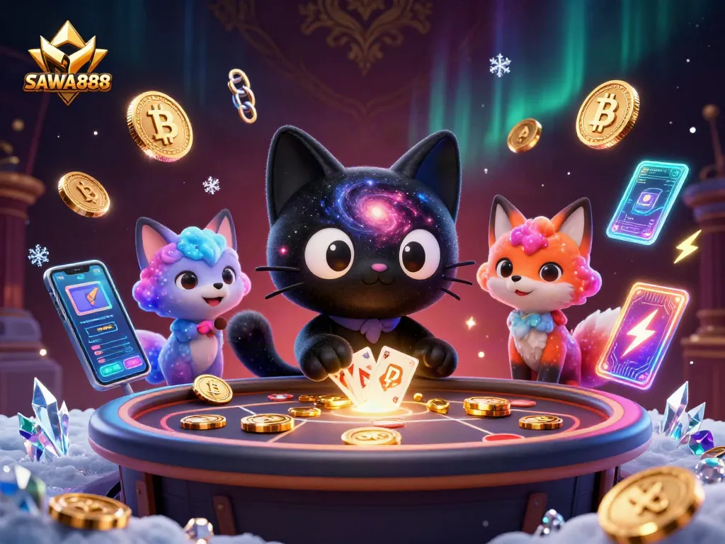 Engage with SAWA888's captivating cosmic casino scene featuring a gravity-defying cat and vibrant fox.