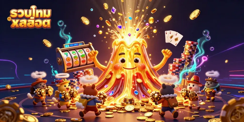 Experience the thrill of รวมเกมสล็อต with vibrant 3D casino elements, featuring a golden volcano and treasure-filled animals.