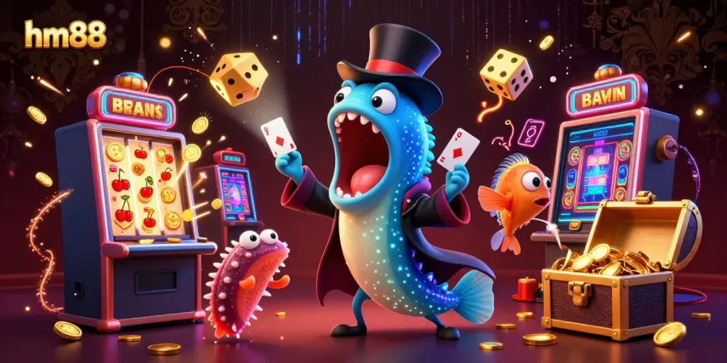 Experience thrilling casino magic with hm88, featuring whimsical sea creatures and vibrant slot machine action.