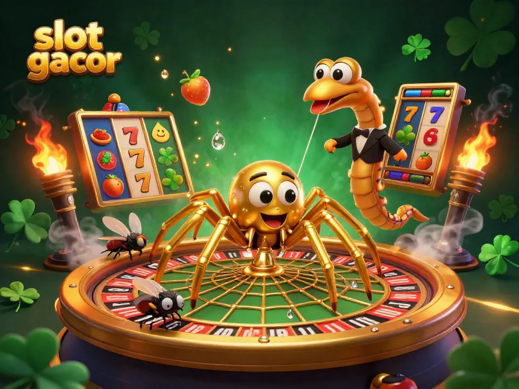 Visualisasi slot gacor dengan laba-laba emas dan centipede di kasino.