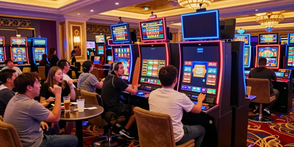Exciting scene of players enjoying Lucky777 slot machines in a vibrant casino atmosphere.