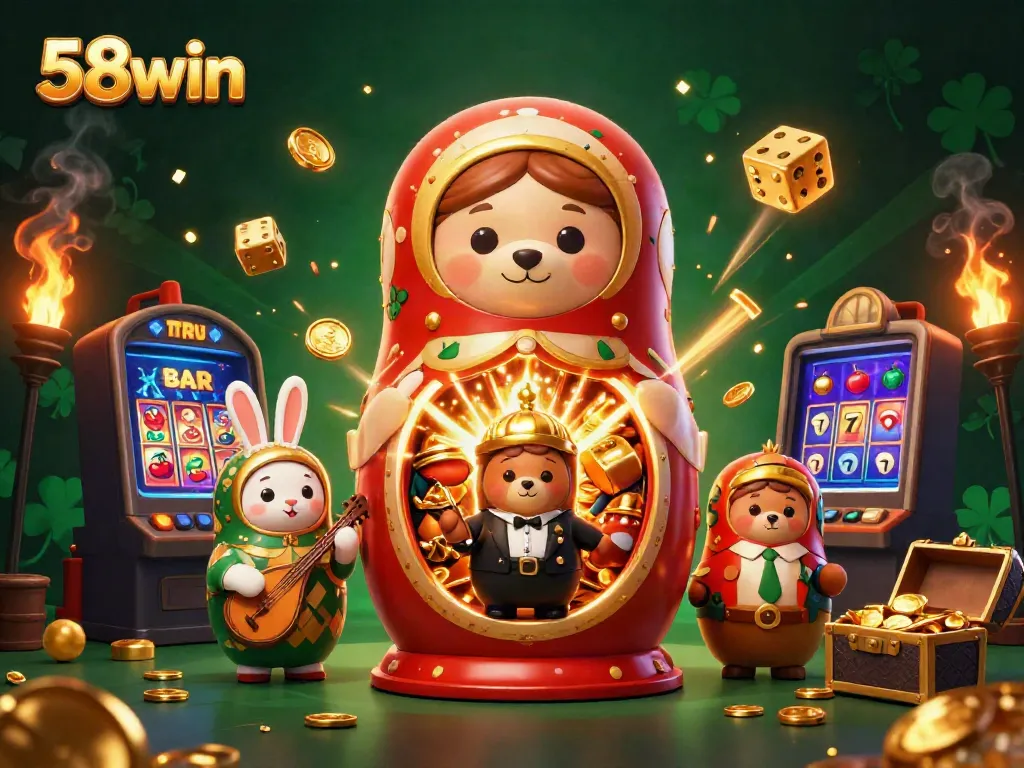 Experience thrilling casino fun with 58win through engaging characters and exciting game elements in a vibrant illustration.