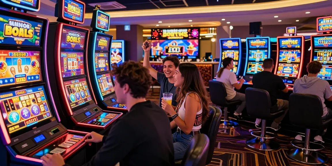 Excited players engaging with dynamic bonus buy slots in a vibrant casino, showcasing thrilling gaming atmosphere.