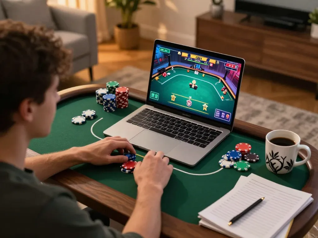 Enjoying an exciting poker game on Hi88 with vibrant chips and cozy atmosphere at home.