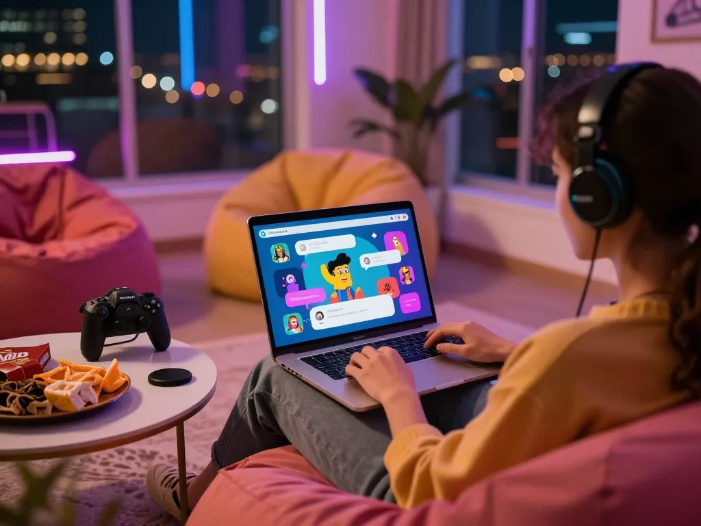 Engaging NSFW AI chat experience in a vibrant digital lounge setting, showcasing playful character interactions on a sleek laptop.