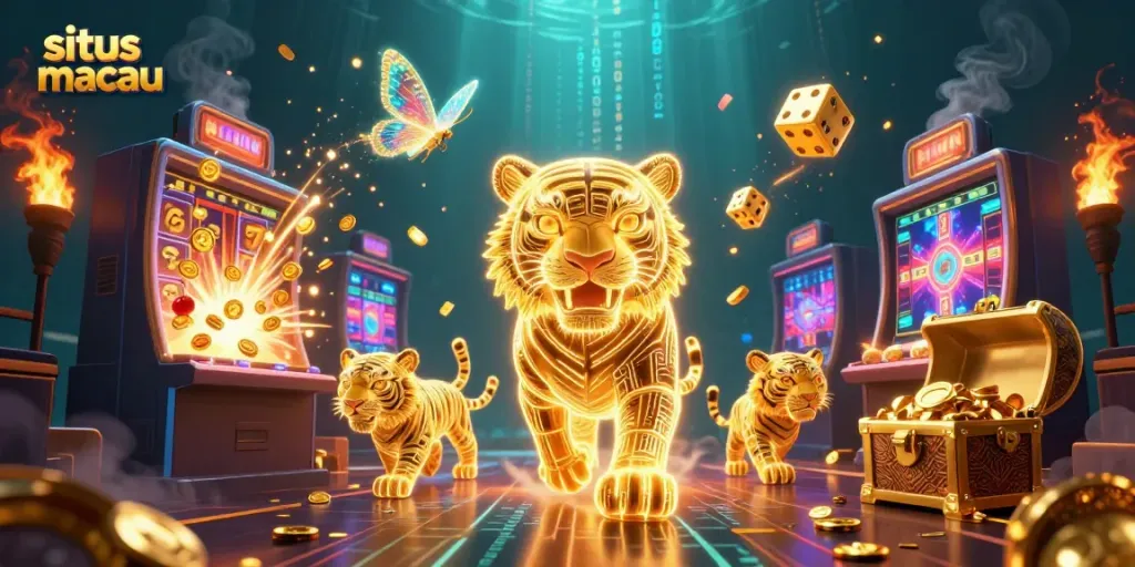 Visualisasi interaktif situs macau saat bermain mesin slot dengan simbol keberuntungan.