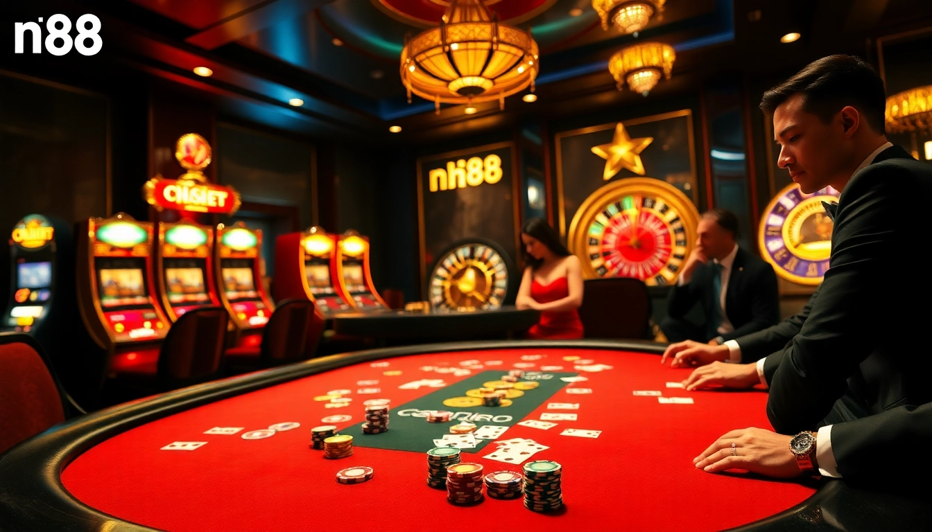 Engaging casino action at a poker table with vibrant chips focused on nh88 gameplay.