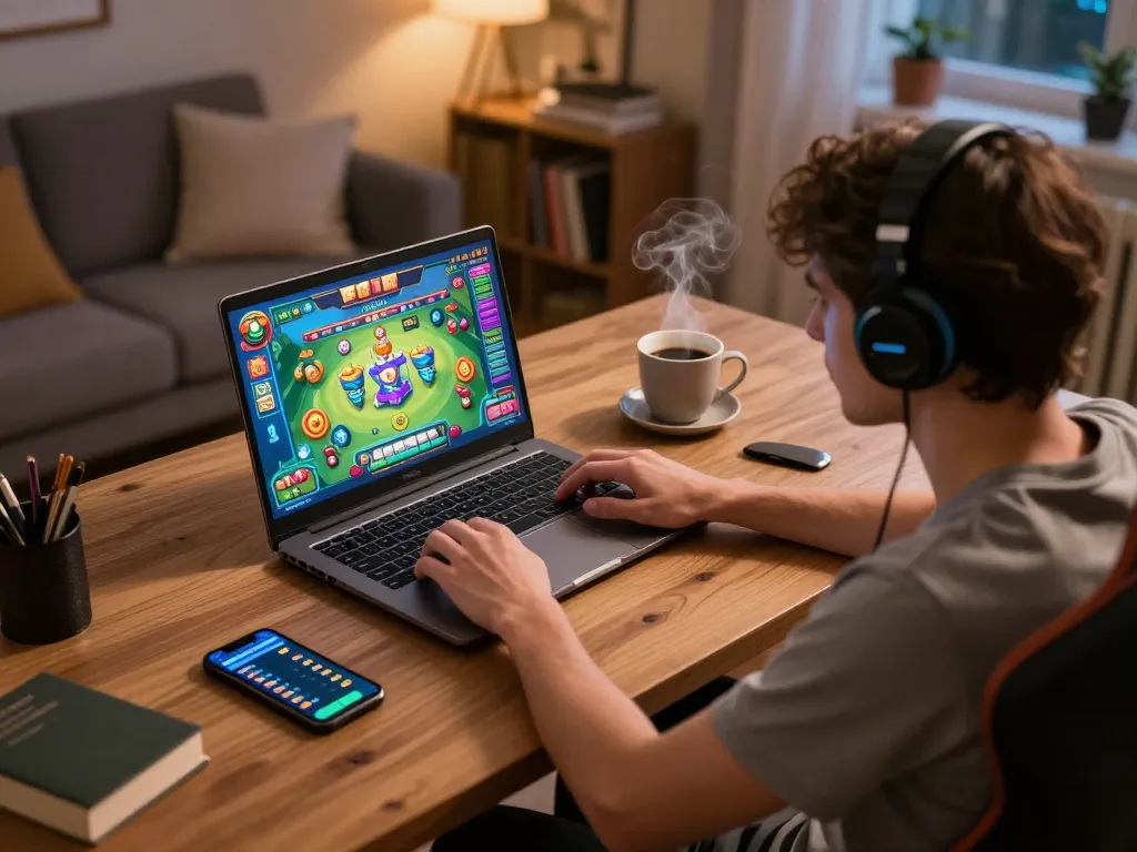 Engaged player spinning slot mahjong on a laptop with vibrant game graphics and cozy home setup.
