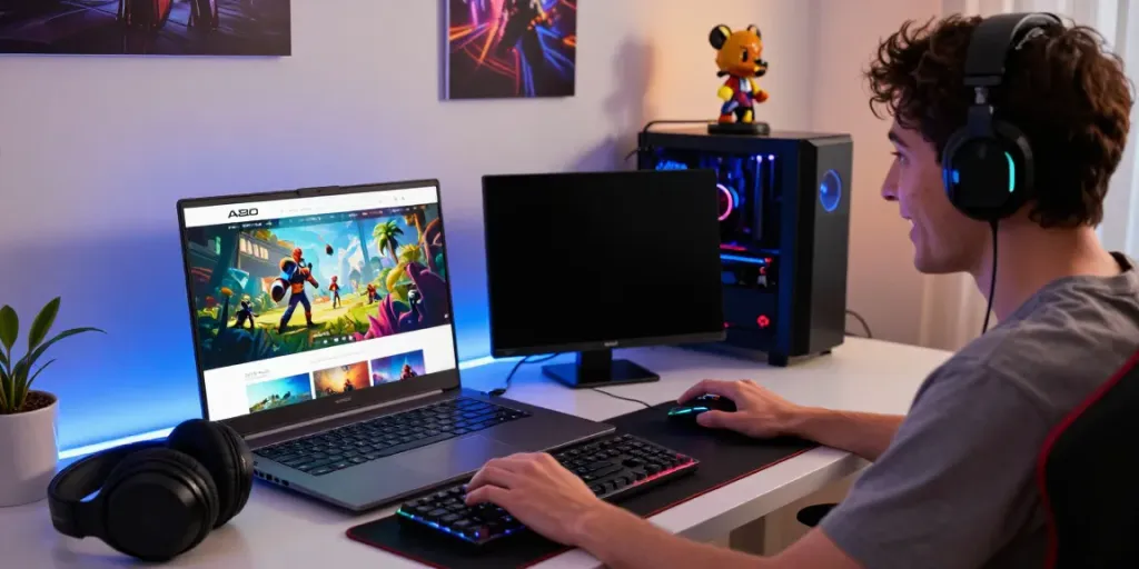 A user interacting with the A80 website on a vibrant gaming laptop in a cozy setup.