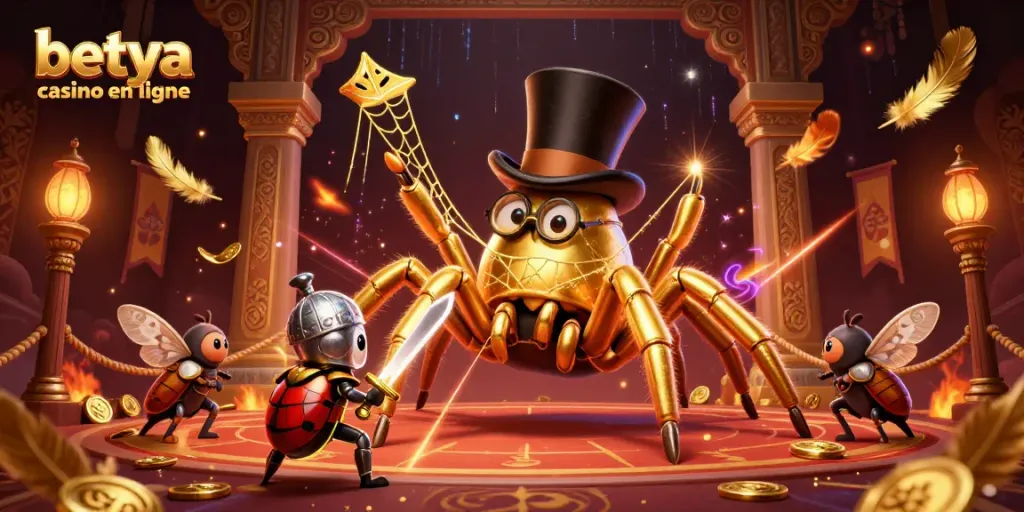 Engage with the exciting world of betya casino en ligne, featuring a golden tarantula and knight amidst dynamic casino elements.