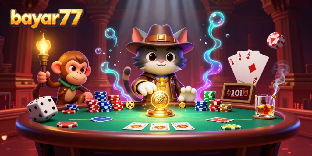 Engaging action scene of a cat archaeologist discovering a golden casino artifact, focusing on bayar77.